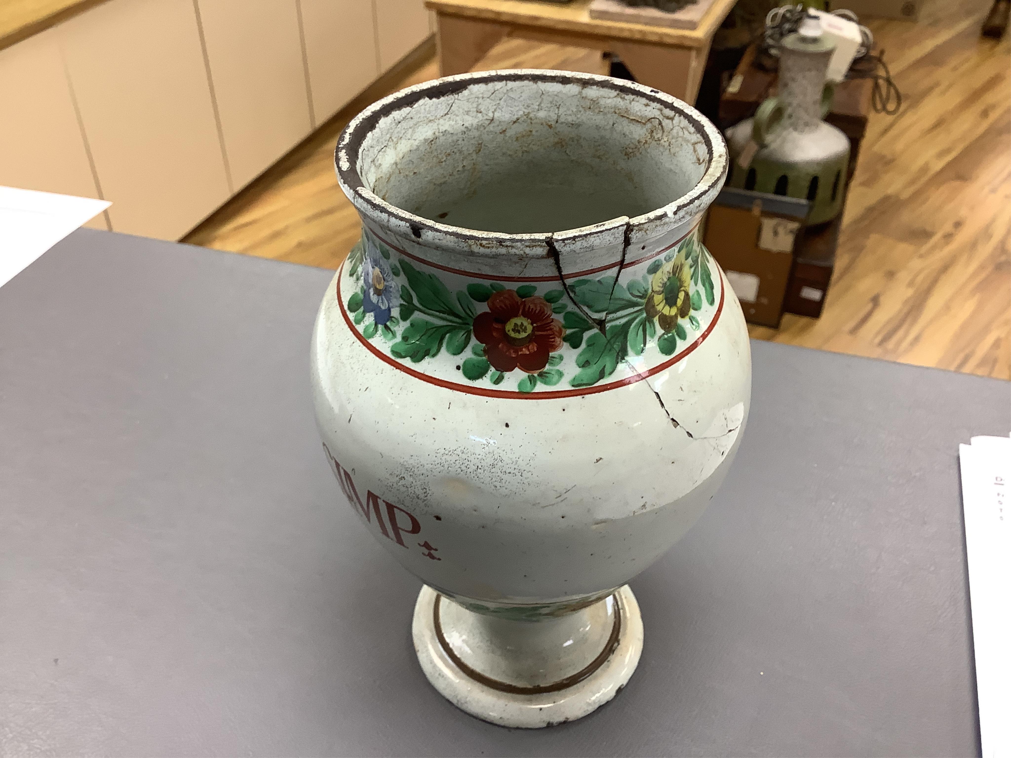 A group of Continental ceramics including two late 18th/early 19th century Italian maiolica wet drug jars, a Staffordshire Whieldon type tortoiseshell glazed plate c.1770 and a silver mounted Mortlake stoneware jug, 24cm